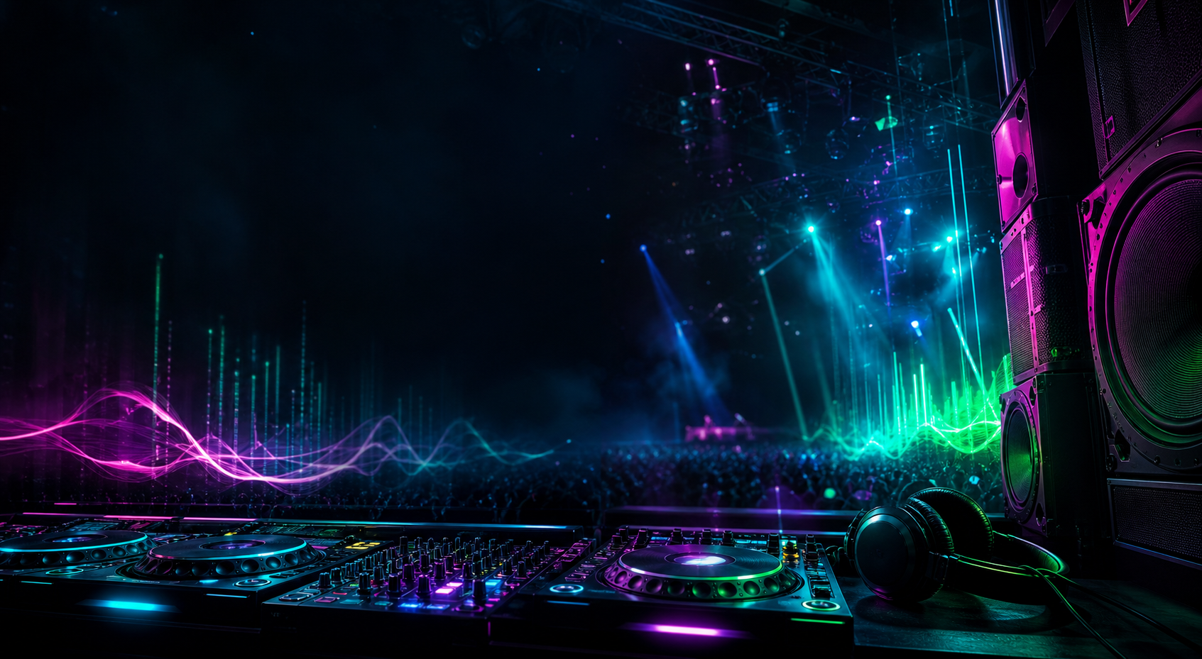 Premium DJ booth with speakers, stage lights, neon sound waves, and concert atmosphere